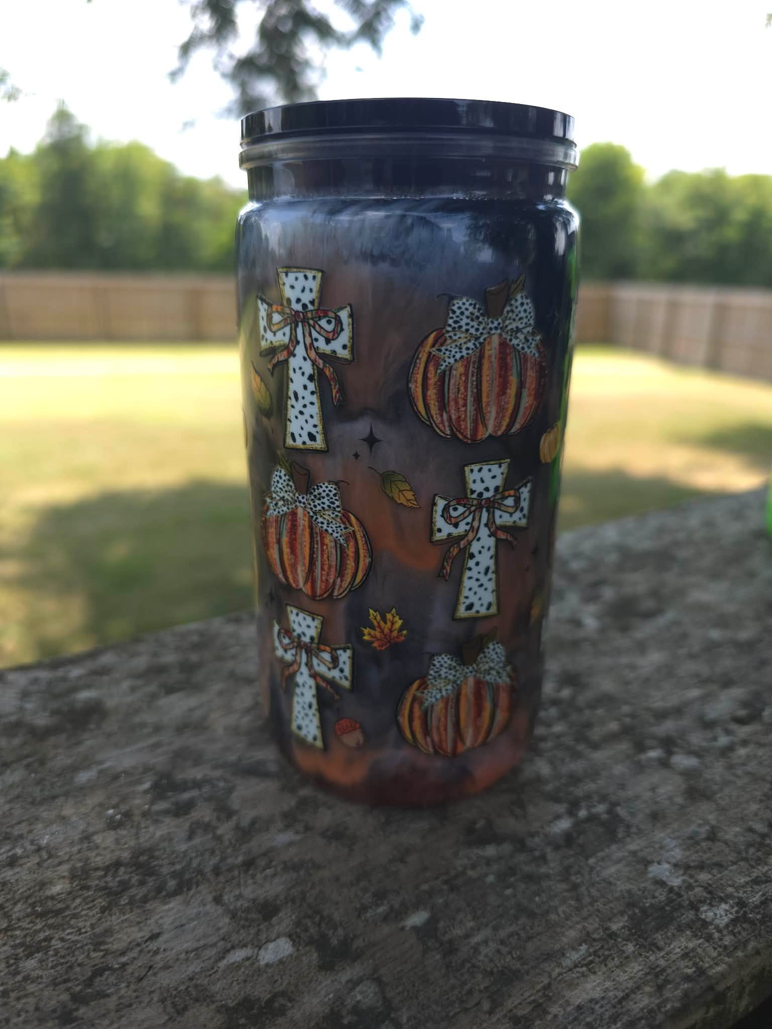 Pumpkin & Cross Snow Globe Tumbler — 16 oz Acrylic