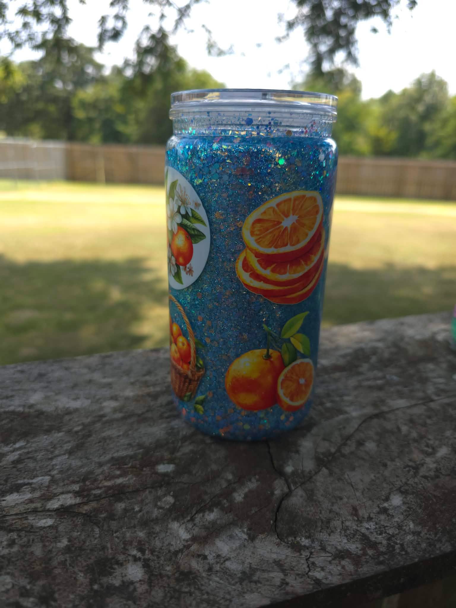 Oranges & Light Blue Glitter Snow Globe Tumbler — 16 oz Acrylic