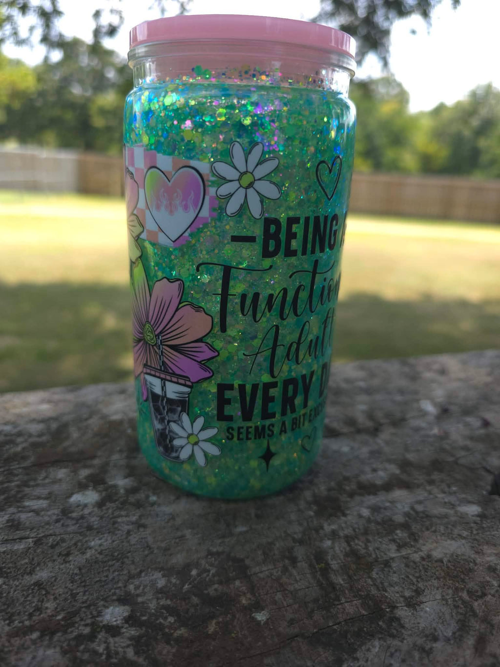 Functional Adult Green Glitter Snow Globe Tumbler — 16 oz Acrylic